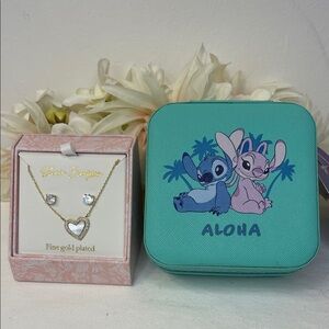 Disney Aloha Stitch and Angel Jewelry Case & Heart Necklace and Earrings NWT